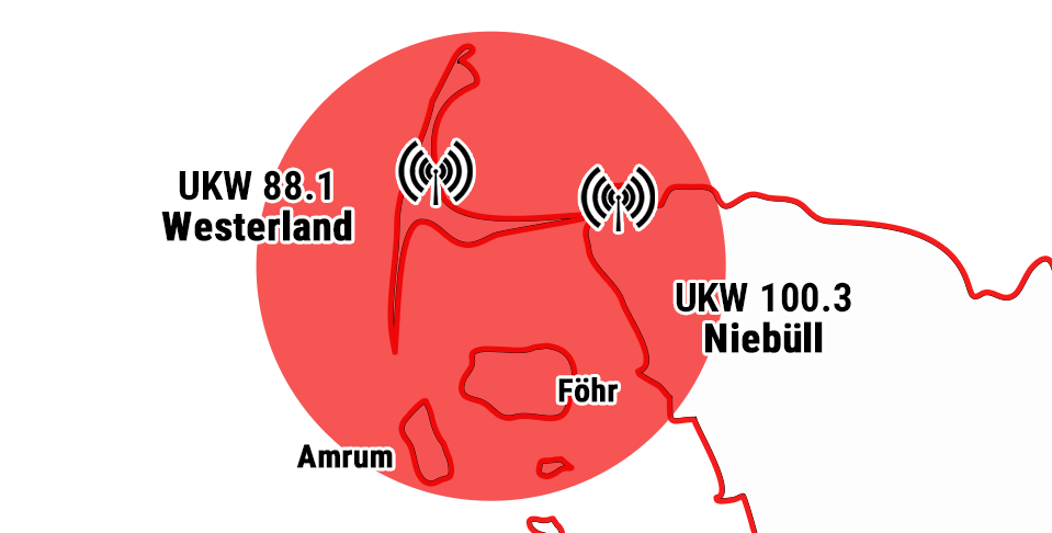 Karte des Sendegebiets: UKW 88,1 Westerland und UKW 100,3 Niebüll, Versorgung von Sylt, Föhr, Amrum und dem Festland